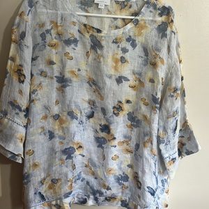 Pure Jill linen Size Medium Gray Floral Gauzy 100% Linen Woven 3/4 Sleeve Top